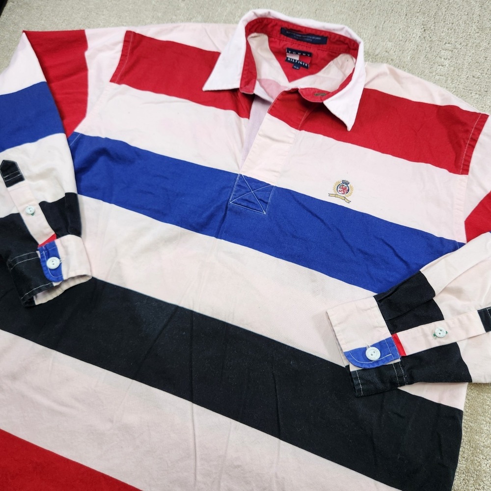 Vintage Tommy Hilfiger Rugby Shirt Men Medium Colorblock Lightweight Cotton USA